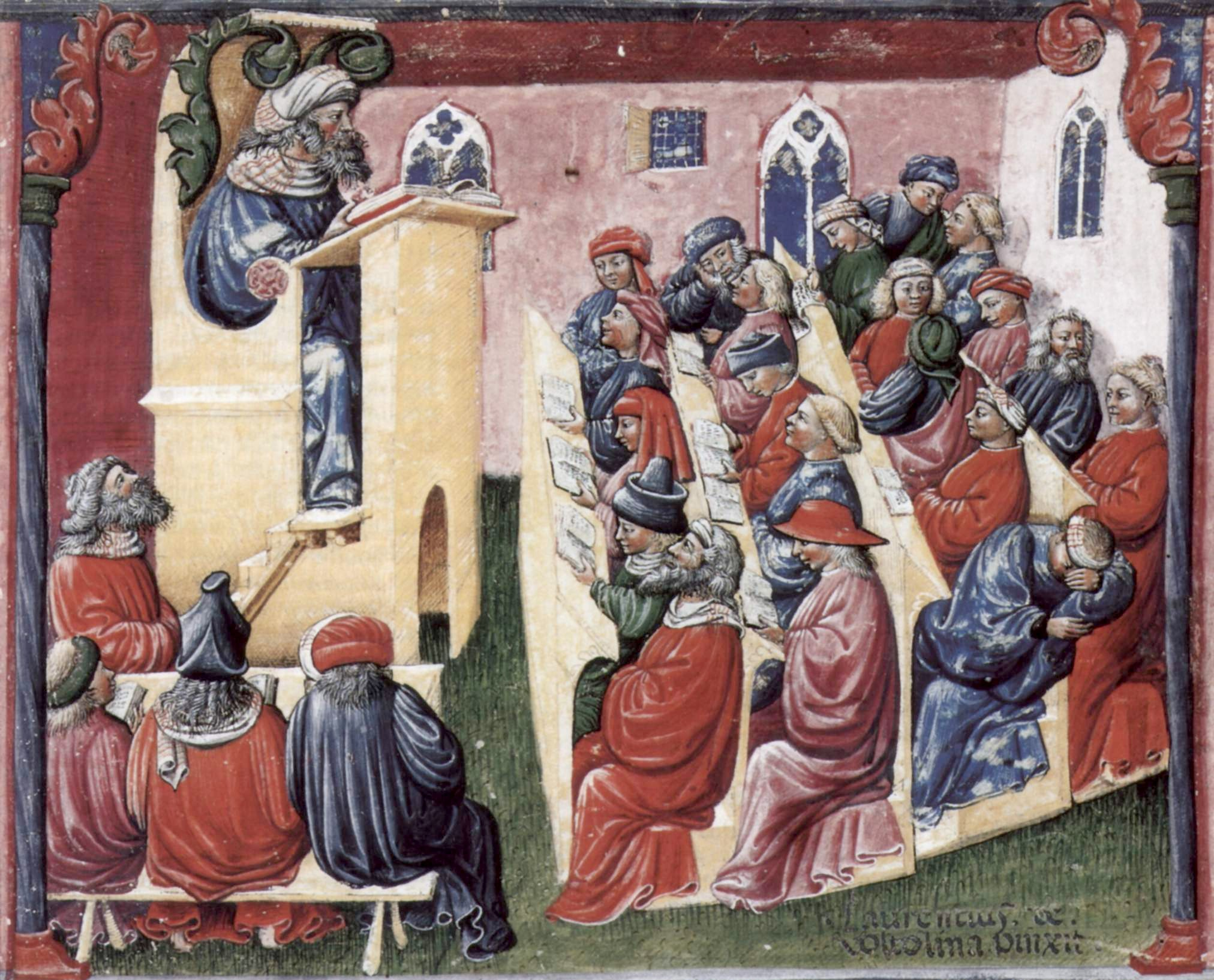 Detail of a fourteenth century image showing Henry of Germany delivering a lecture to University Students in Bologna by Laurentius de Voltolina in the Liber ethicorum des Henricus de Alemannia, preserved in the Kupferstichkabinett SMPK, Staatliche Museen, Pressiischer Kulturbesitz, Min. 1233. 
Please click to view entire image.